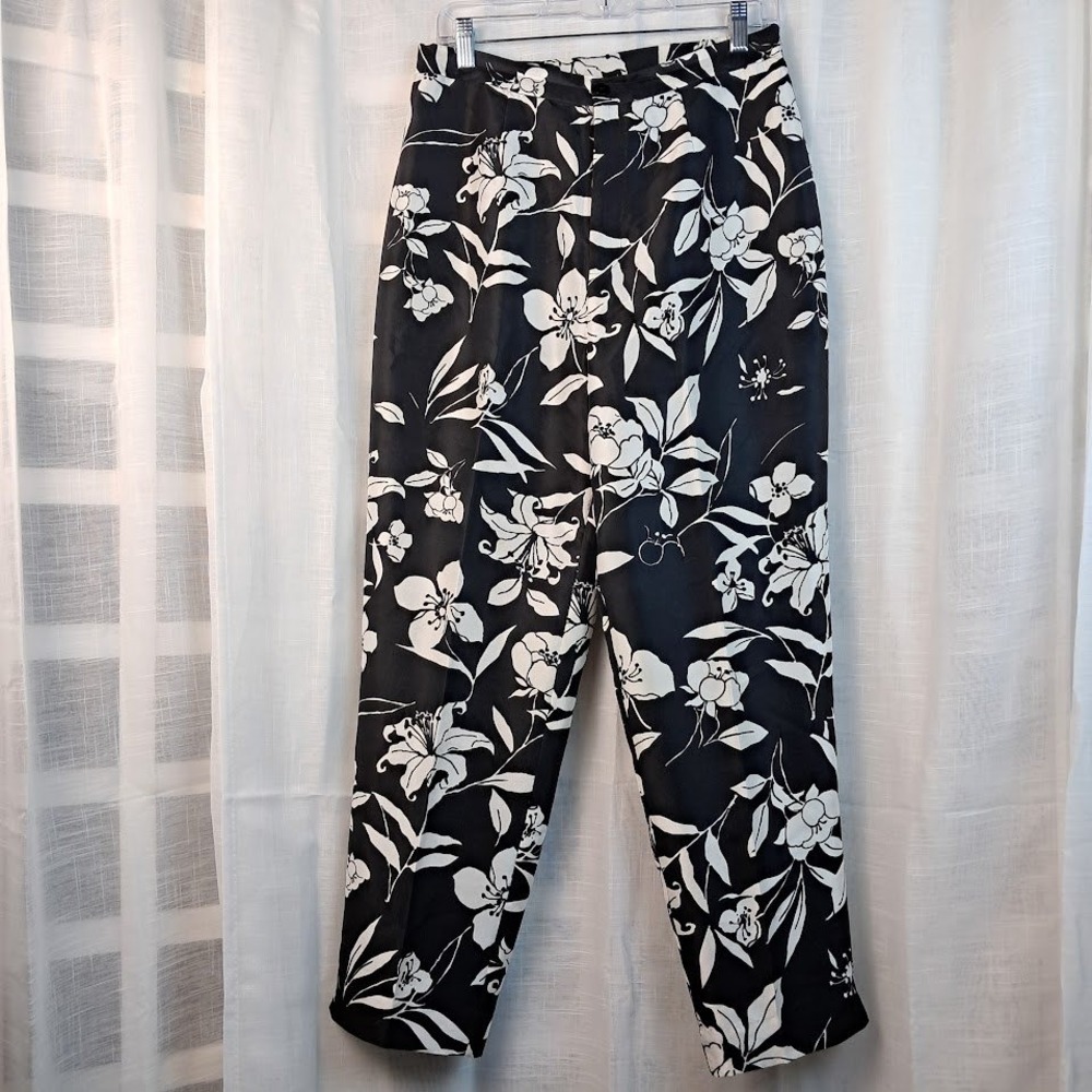 Vintage Y2K Bob Mackie Studio 12 Silk Floral Pants Black White Lined Retro 90s